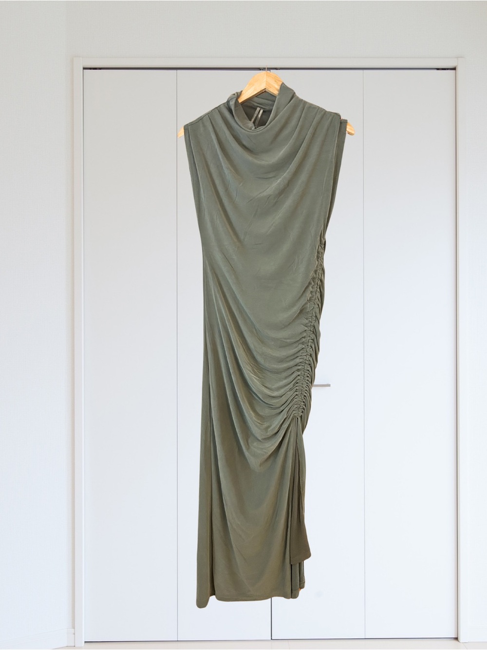 Anthropologie Olive Green Ruched Maxi Dress w/Side Slit Sz. M - Picture 2 of 7